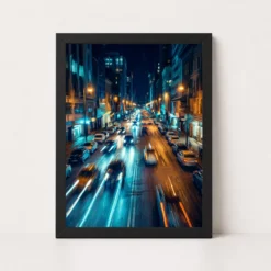 Abstract City Lights Night Impressionist Blue Gold Art Photo Frame