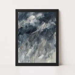Abstract Monsoon Dark Blues Greys Silver Rain Storm Art Photo Frame