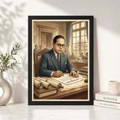 Alternative view of Ambedkar Writing Constitution Historic Moment Blue Gold Art Photo Frame
