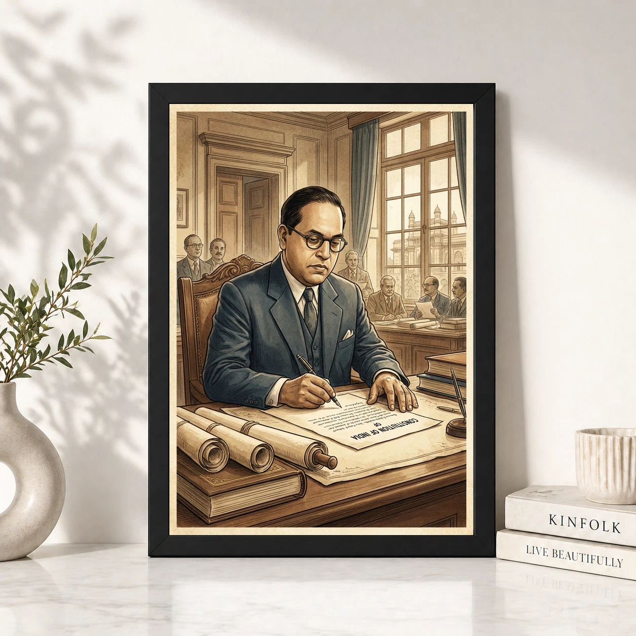 Ambedkar Writing Constitution Historic Moment Blue Gold Art Photo Frame 2 Ambedkar Writing Constitution Historic Moment Blue Gold Art Photo Frame - Image 2
