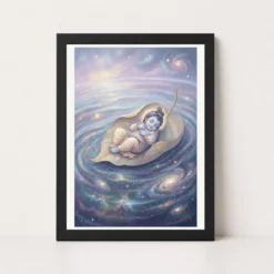 Bal Krishna Cosmic Banyan Leaf Divine Ocean Pastel Art Photo Frame