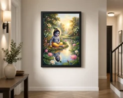 Bal Krishna Lotus Pond Golden Morning Pastel Painting Photo Frame 10 bal krishna lotus pond golden morning pastel painting 23 black 2