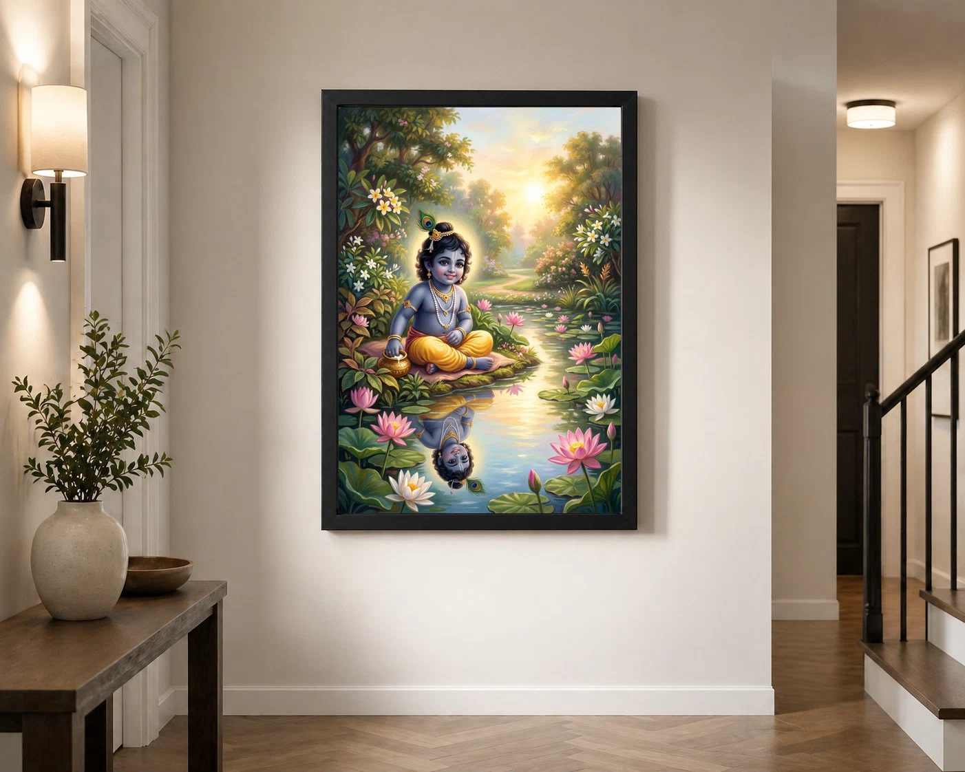 Bal Krishna Lotus Pond Golden Morning Pastel Painting Photo Frame 3 Bal Krishna Lotus Pond Golden Morning Pastel Painting Photo Frame - Image 3