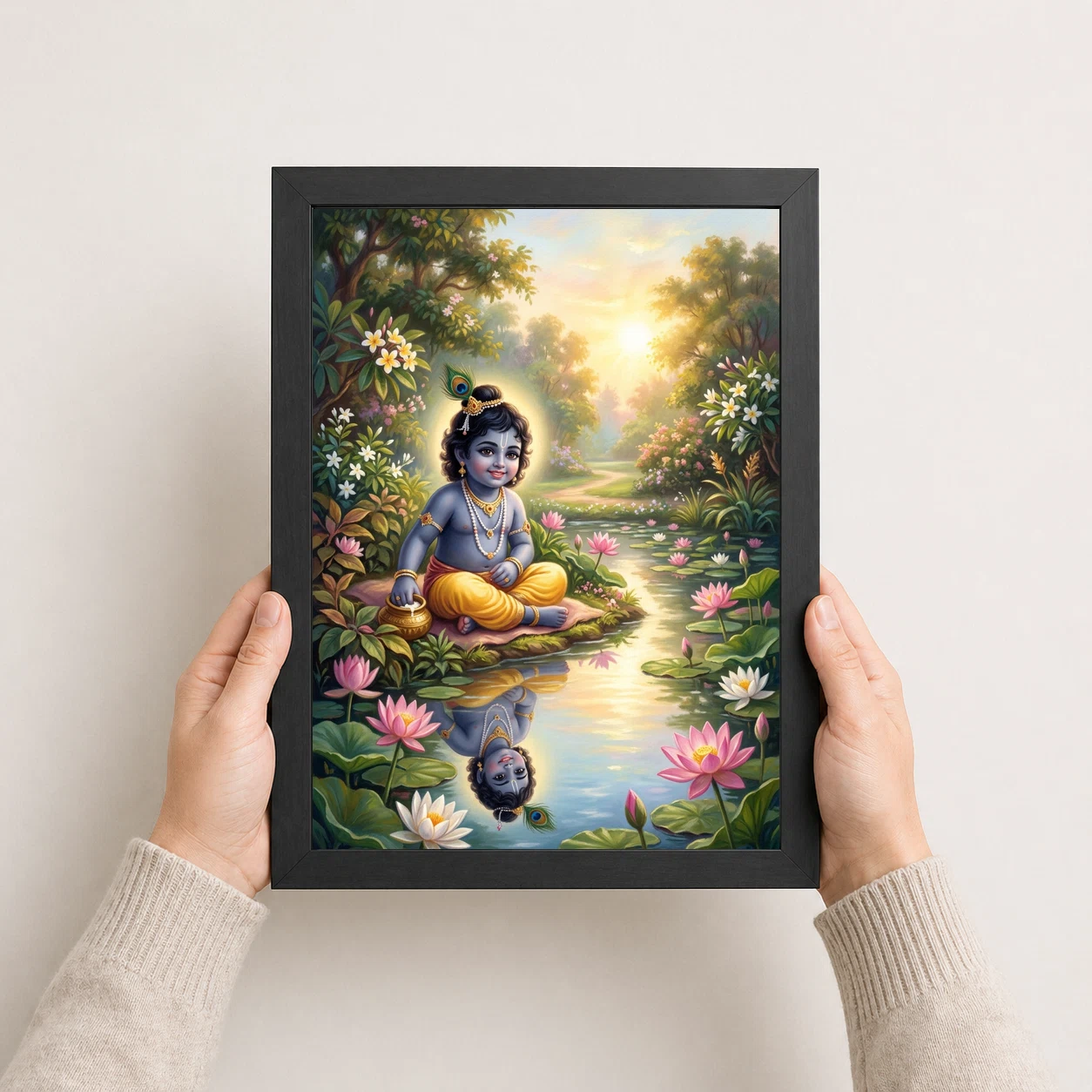 Bal Krishna Lotus Pond Golden Morning Pastel Painting Photo Frame 4 Bal Krishna Lotus Pond Golden Morning Pastel Painting Photo Frame - Image 4
