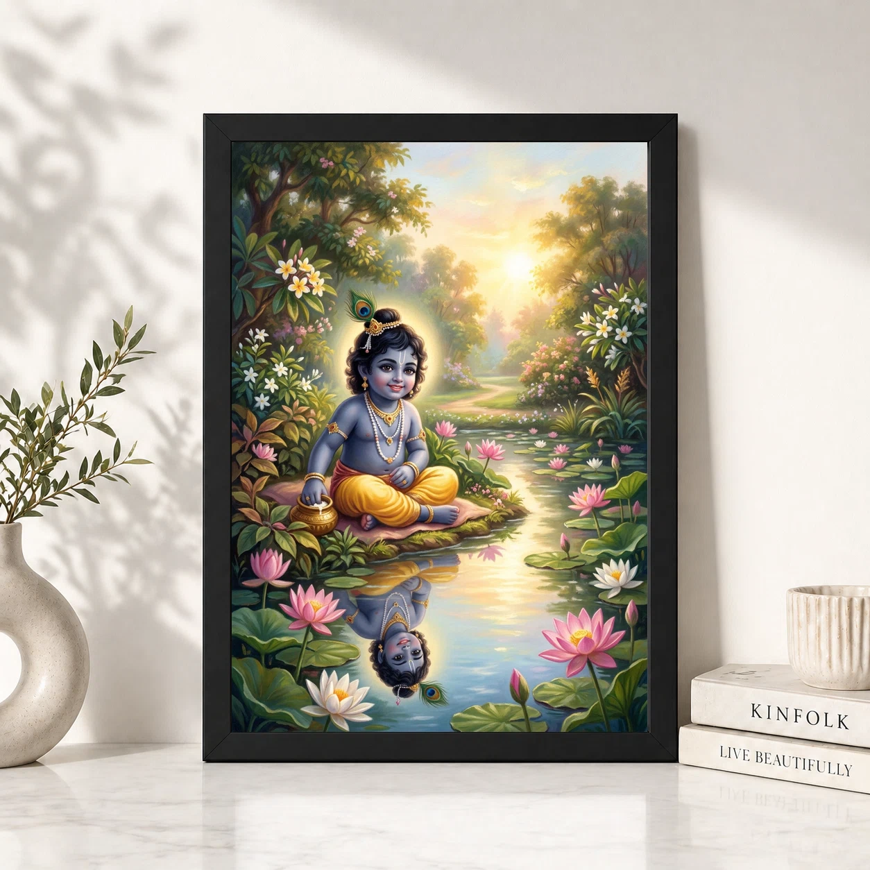 Bal Krishna Lotus Pond Golden Morning Pastel Painting Photo Frame 2 Bal Krishna Lotus Pond Golden Morning Pastel Painting Photo Frame - Image 2