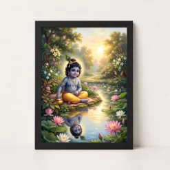 Bal Krishna Lotus Pond Golden Morning Pastel Painting Photo Frame