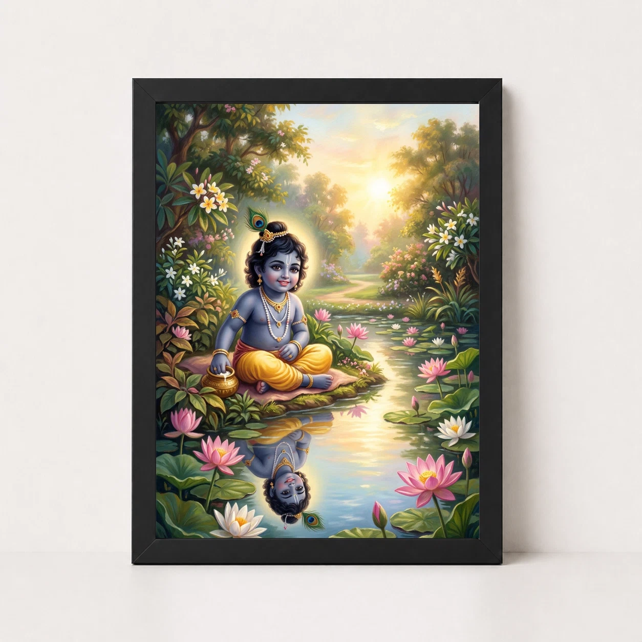 Bal Krishna Lotus Pond Golden Morning Pastel Painting Photo Frame 1 Bal Krishna Lotus Pond Golden Morning Pastel Painting Photo Frame