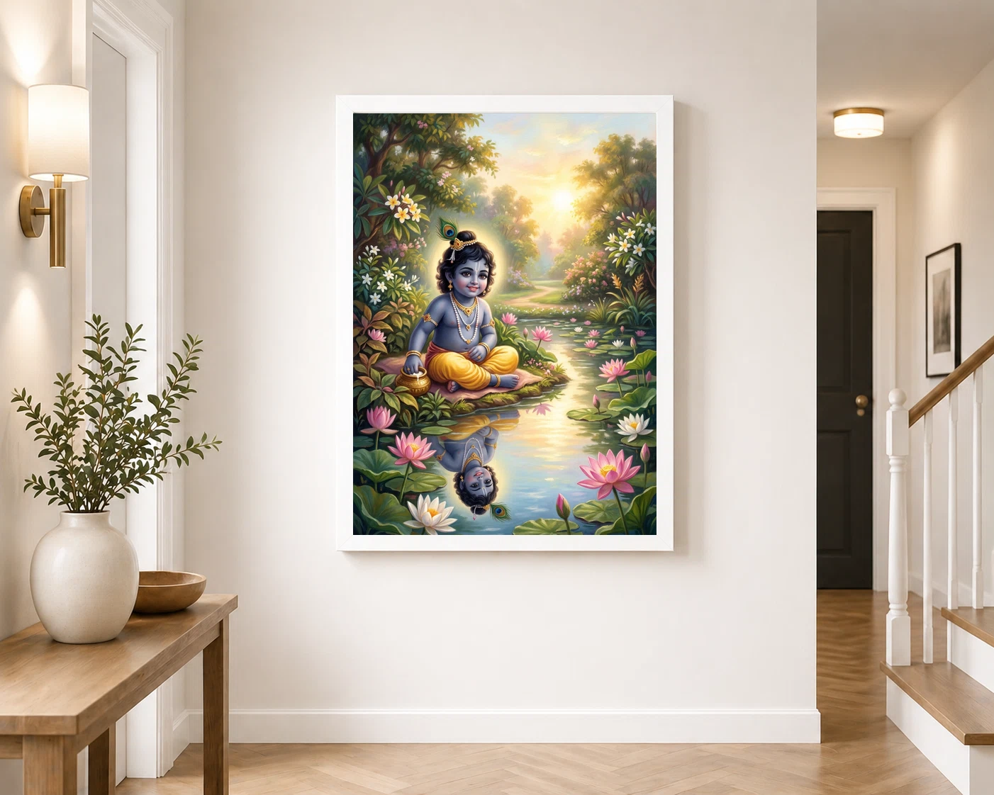 Bal Krishna Lotus Pond Golden Morning Pastel Painting Photo Frame 7 Bal Krishna Lotus Pond Golden Morning Pastel Painting Photo Frame - Image 7