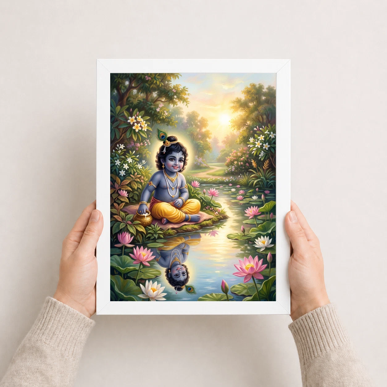 Bal Krishna Lotus Pond Golden Morning Pastel Painting Photo Frame 8 Bal Krishna Lotus Pond Golden Morning Pastel Painting Photo Frame - Image 8