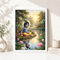 Bal Krishna Lotus Pond Golden Morning Pastel Painting Photo Frame 12 bal krishna lotus pond golden morning pastel painting 23 white 4