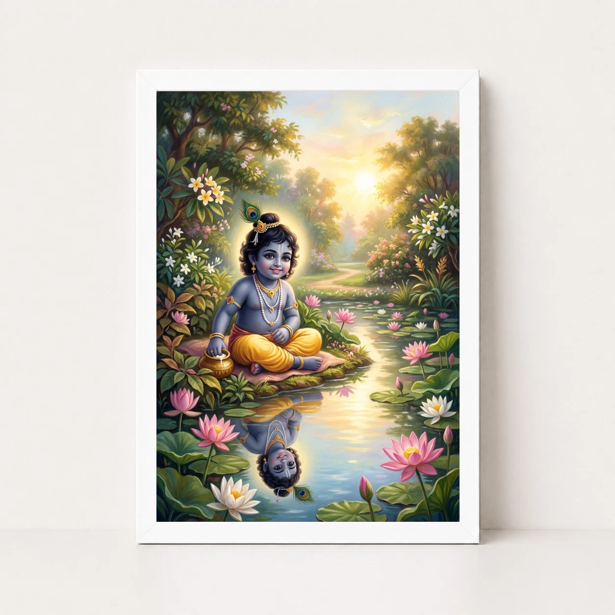 Bal Krishna Lotus Pond Golden Morning Pastel Painting Photo Frame 6 Bal Krishna Lotus Pond Golden Morning Pastel Painting Photo Frame - Image 6