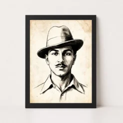 Bhagat Singh Defiant Portrait Bold Eyes Hat Warm Tones Art Photo Frame