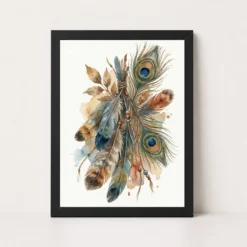 Boho Feathers Peacock Wild Earthy Watercolor Art Photo Frame
