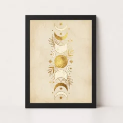 Boho Moon Phases Crescent Stars Cream Gold Celestial Art Photo Frame