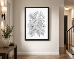 Fine Line Art Botanical Tropical Leaves Flowers Black White Art Photo Frame 14 fine line art botanical tropical leaves flowers black white art 01 black 2