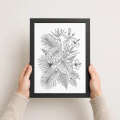 Fine Line Art Botanical Tropical Leaves Flowers Black White Art Photo Frame 15 fine line art botanical tropical leaves flowers black white art 01 black 3