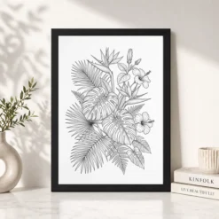 Fine Line Art Botanical Tropical Leaves Flowers Black White Art Photo Frame 13 fine line art botanical tropical leaves flowers black white art 01 black 4