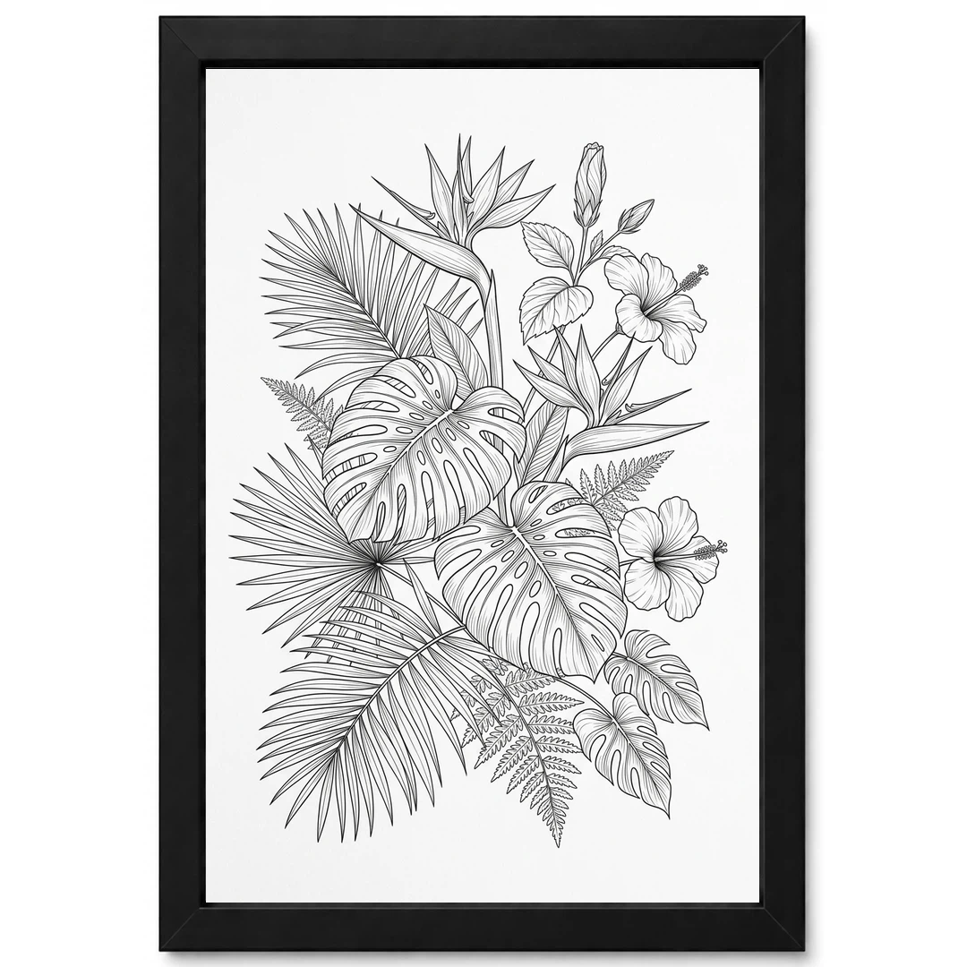 Fine Line Art Botanical Tropical Leaves Flowers Black White Art Photo Frame 1 Fine Line Art Botanical Tropical Leaves Flowers Black White Art Photo Frame