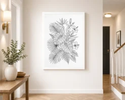 Fine Line Art Botanical Tropical Leaves Flowers Black White Art Photo Frame 11 fine line art botanical tropical leaves flowers black white art 01 white 2