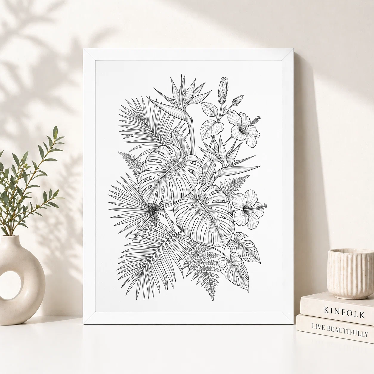 Fine Line Art Botanical Tropical Leaves Flowers Black White Art Photo Frame 2 Fine Line Art Botanical Tropical Leaves Flowers Black White Art Photo Frame - Image 2