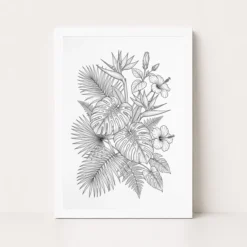 Fine Line Art Botanical Tropical Leaves Flowers Black White Art Photo Frame 10 fine line art botanical tropical leaves flowers black white art 01 white main