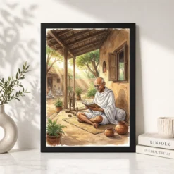 gandhi ashram reading spiritual simple life warm light art 04 black 4