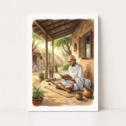gandhi ashram reading spiritual simple life warm light art 04 white main