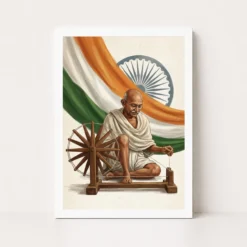 gandhi tricolor spinning wheel independence india art 07 white main