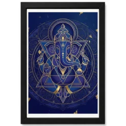 Ganesha Geometric Mandala Blue Gold Sacred Geometry Art Photo Frame