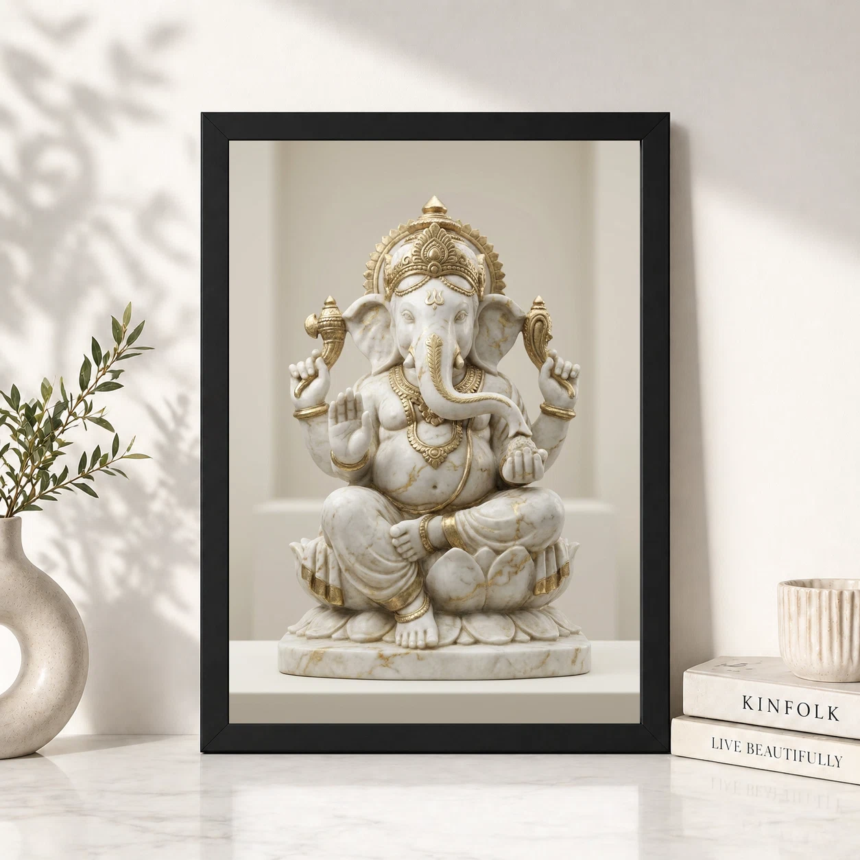 Ganesha Marble Sculpture White Gold Premium 3D Art Photo Frame 6 Ganesha Marble Sculpture White Gold Premium 3D Art Photo Frame - Image 6