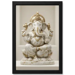 Ganesha Marble Sculpture White Gold Premium 3D Art Photo Frame