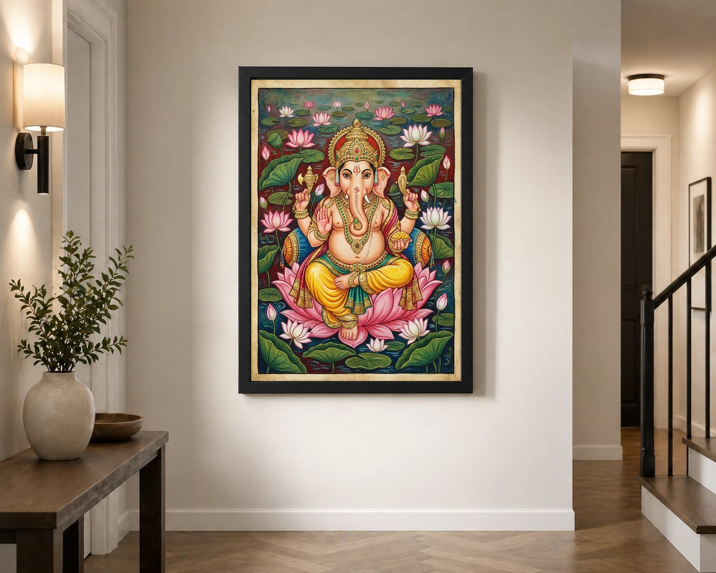Ganesha Mysore Painting Gold Leaf Lotus Classical Art Photo Frame 3 Ganesha Mysore Painting Gold Leaf Lotus Classical Art Photo Frame - Image 3
