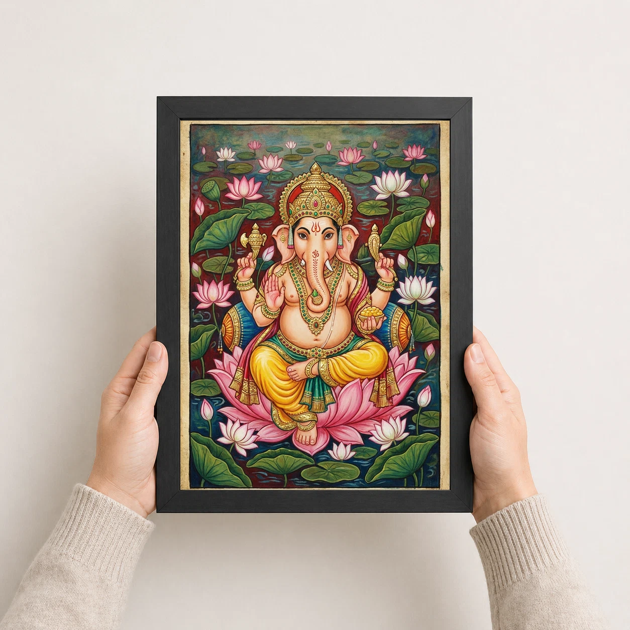 Ganesha Mysore Painting Gold Leaf Lotus Classical Art Photo Frame 4 Ganesha Mysore Painting Gold Leaf Lotus Classical Art Photo Frame - Image 4