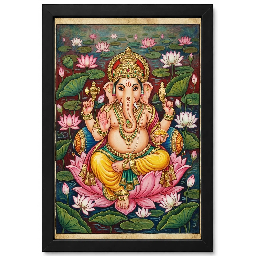 Ganesha Mysore Painting Gold Leaf Lotus Classical Art Photo Frame 1 Ganesha Mysore Painting Gold Leaf Lotus Classical Art Photo Frame