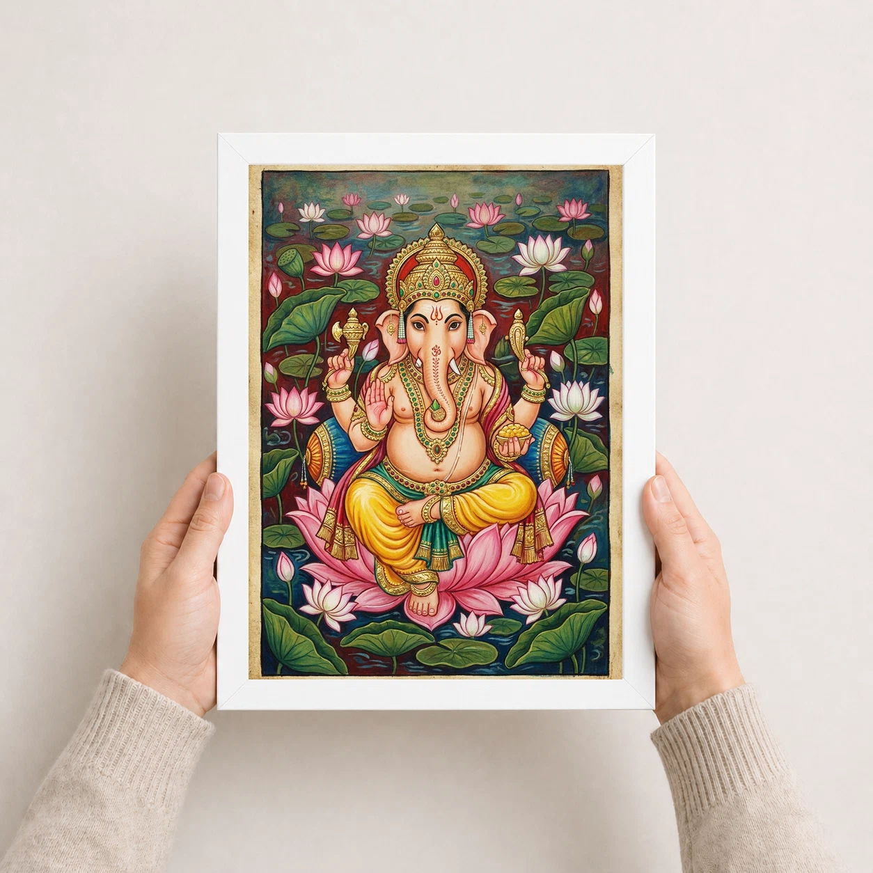 Ganesha Mysore Painting Gold Leaf Lotus Classical Art Photo Frame 8 Ganesha Mysore Painting Gold Leaf Lotus Classical Art Photo Frame - Image 8