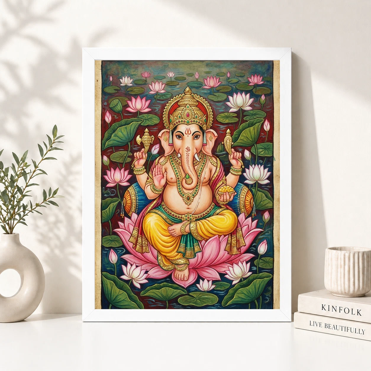 Ganesha Mysore Painting Gold Leaf Lotus Classical Art Photo Frame 5 Ganesha Mysore Painting Gold Leaf Lotus Classical Art Photo Frame - Image 5