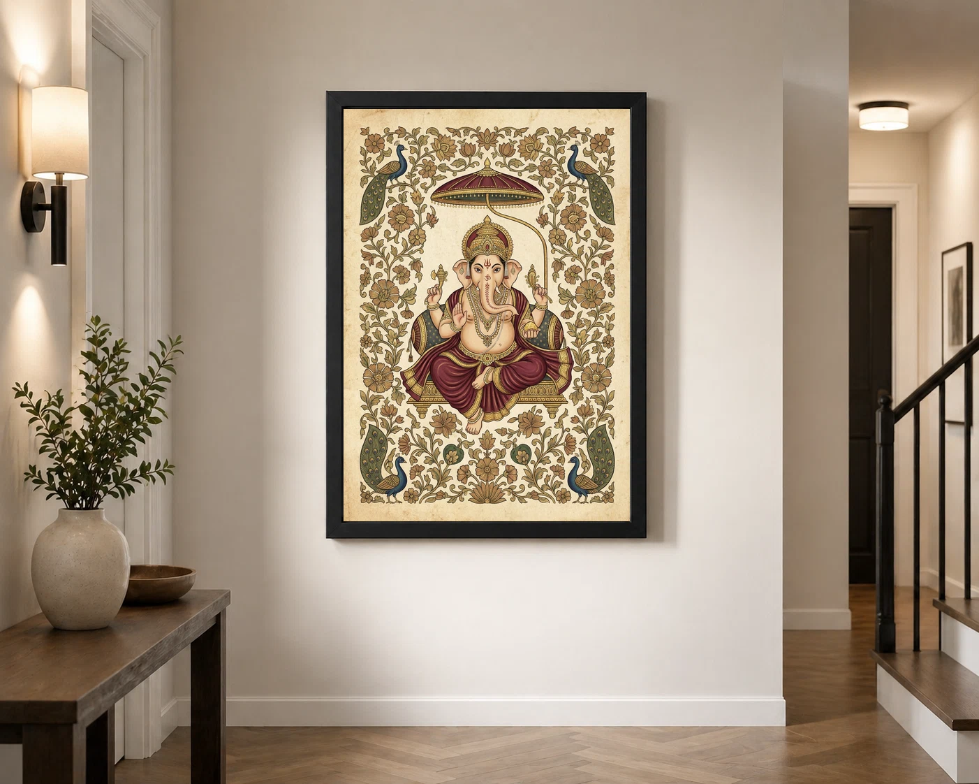 Ganesha Pichwai Painting Peacock Floral Rajasthani Wall Art Photo Frame 7 Ganesha Pichwai Painting Peacock Floral Rajasthani Wall Art Photo Frame - Image 7