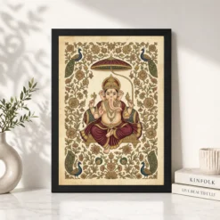 Ganesha Pichwai Painting Peacock Floral Rajasthani Wall Art Photo Frame 13 ganesha pichwai painting peacock floral rajasthani wall art 05 black 4