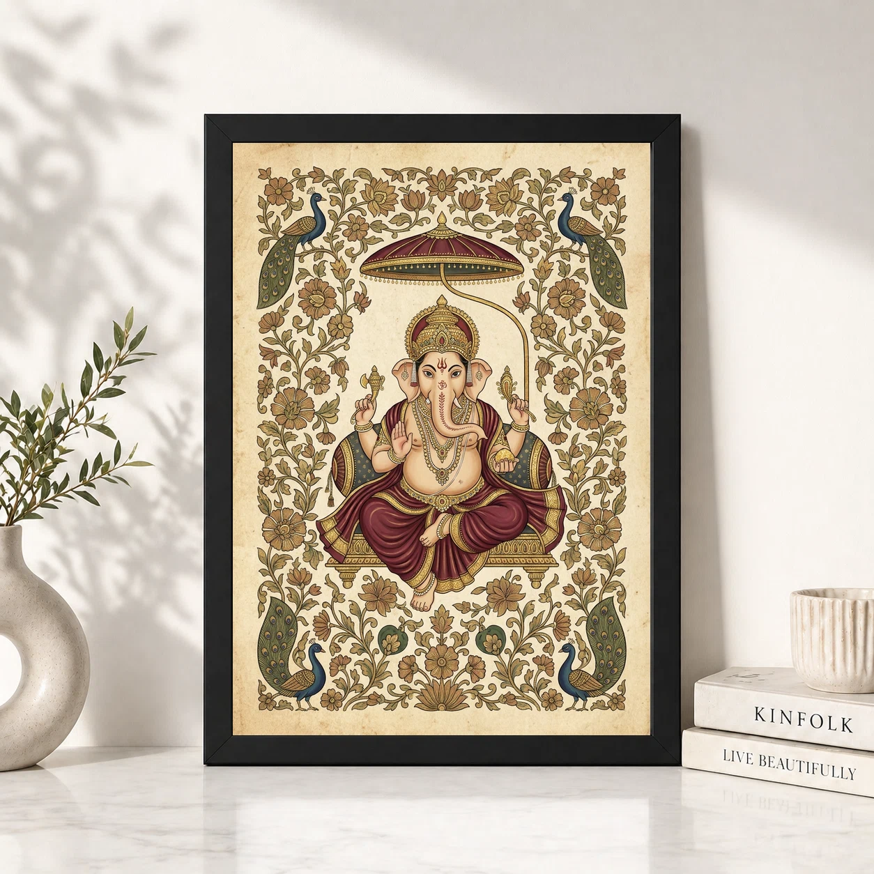 Ganesha Pichwai Painting Peacock Floral Rajasthani Wall Art Photo Frame 6 Ganesha Pichwai Painting Peacock Floral Rajasthani Wall Art Photo Frame - Image 6