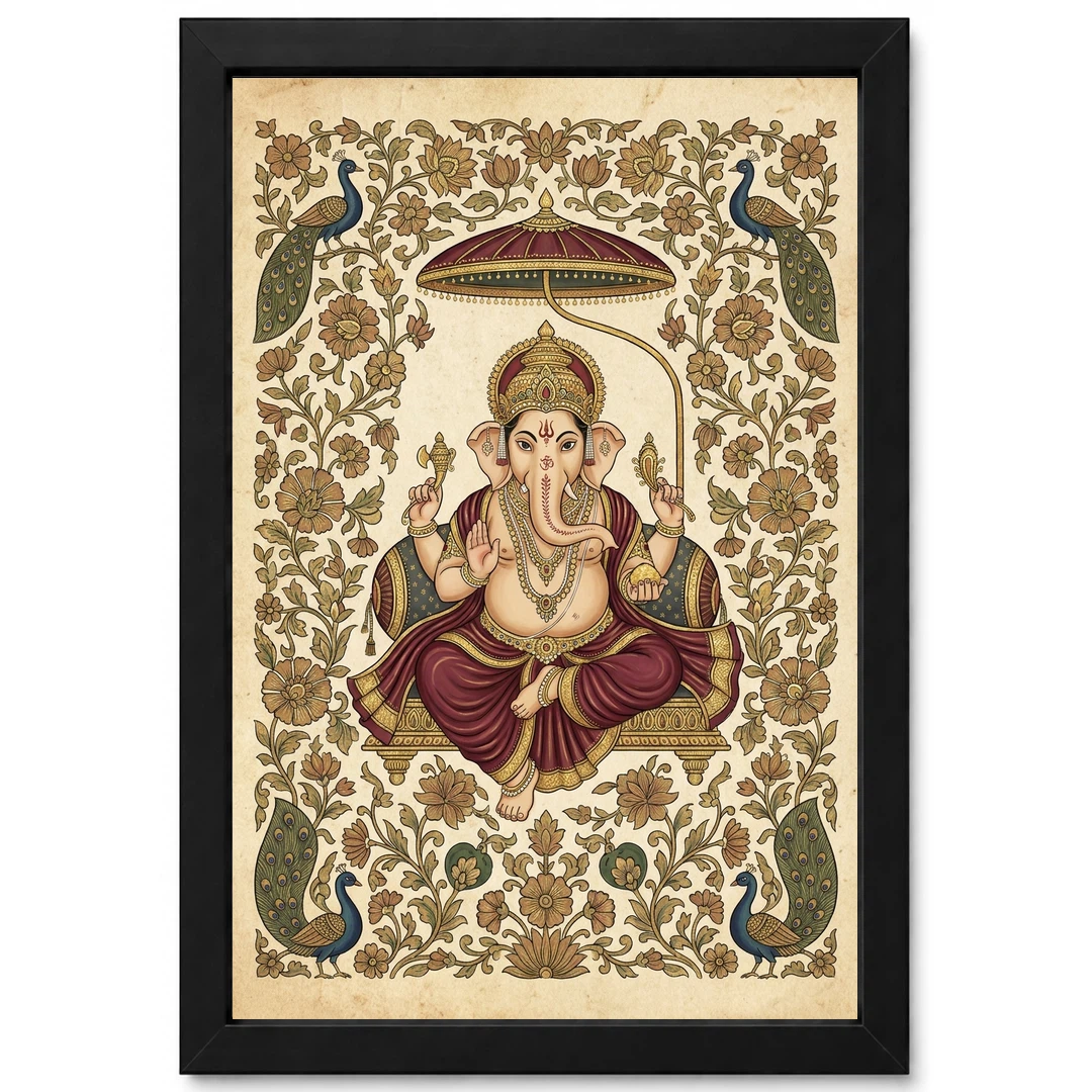 Ganesha Pichwai Painting Peacock Floral Rajasthani Wall Art Photo Frame 1 Ganesha Pichwai Painting Peacock Floral Rajasthani Wall Art Photo Frame