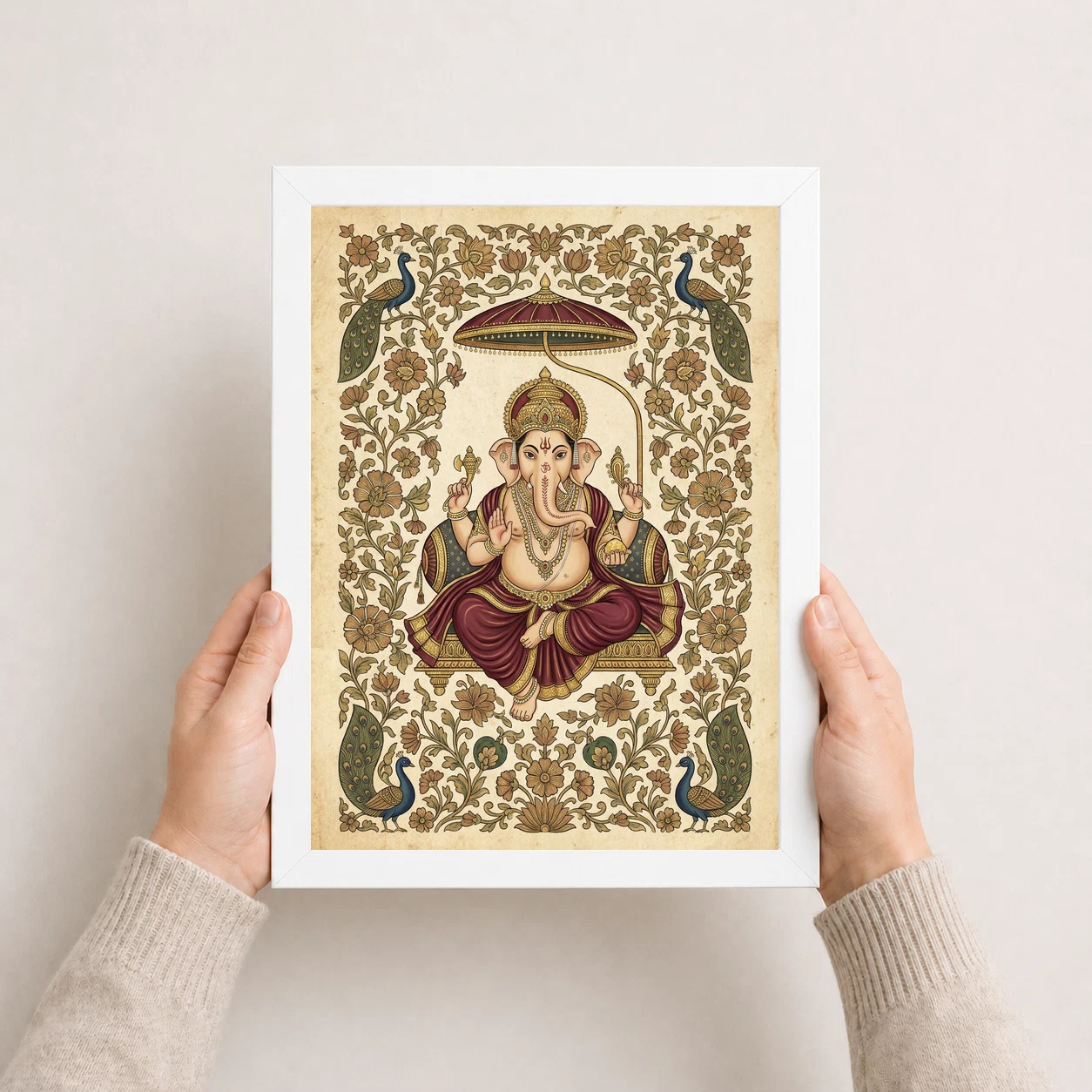 Ganesha Pichwai Painting Peacock Floral Rajasthani Wall Art Photo Frame 5 Ganesha Pichwai Painting Peacock Floral Rajasthani Wall Art Photo Frame - Image 5