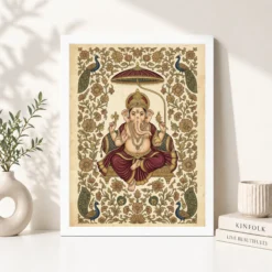 Alternative view of Ganesha Pichwai Painting Peacock Floral Rajasthani Wall Art Photo Frame