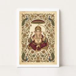 Ganesha Pichwai Painting Peacock Floral Rajasthani Wall Art Photo Frame 10 ganesha pichwai painting peacock floral rajasthani wall art 05 white main