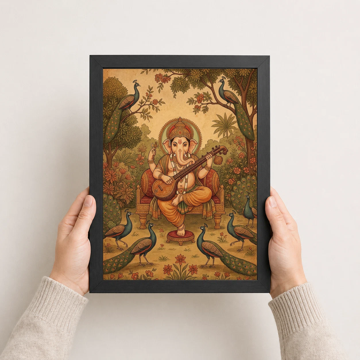 Ganesha Playing Veena Peacock Rajasthani Miniature Painting Photo Frame 4 Ganesha Playing Veena Peacock Rajasthani Miniature Painting Photo Frame - Image 4