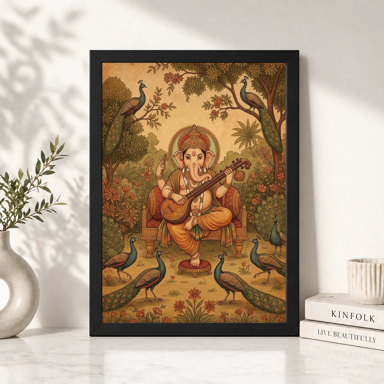 Ganesha Playing Veena Peacock Rajasthani Miniature Painting Photo Frame 2 Ganesha Playing Veena Peacock Rajasthani Miniature Painting Photo Frame - Image 2