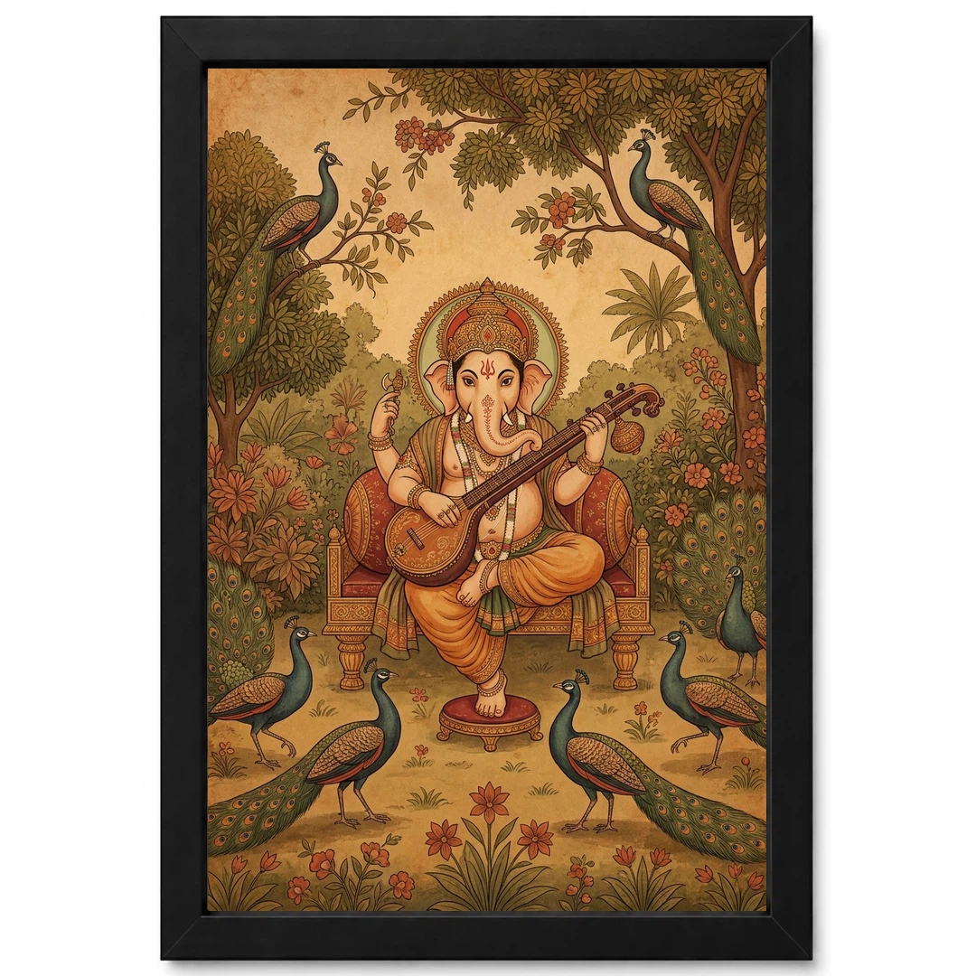 Ganesha Playing Veena Peacock Rajasthani Miniature Painting Photo Frame 1 Ganesha Playing Veena Peacock Rajasthani Miniature Painting Photo Frame
