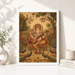 Ganesha Playing Veena Peacock Rajasthani Miniature Painting Photo Frame 12 ganesha playing veena peacock rajasthani miniature painting 11 white 4