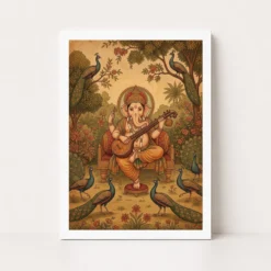 Ganesha Playing Veena Peacock Rajasthani Miniature Painting Photo Frame 13 ganesha playing veena peacock rajasthani miniature painting 11 white main