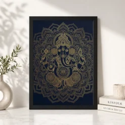 Alternative view of Ganesha Sacred Geometry Line Art Gold Navy Luxury Wall Art Photo Frame