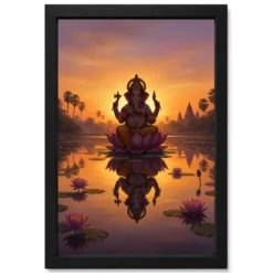 Ganesha Sunrise Lotus Pond Golden Morning Digital Art Photo Frame